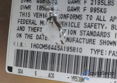 2005 Honda Accord 2.4 Lx из США, поврежденный, VIN 1HGCM56445A195810